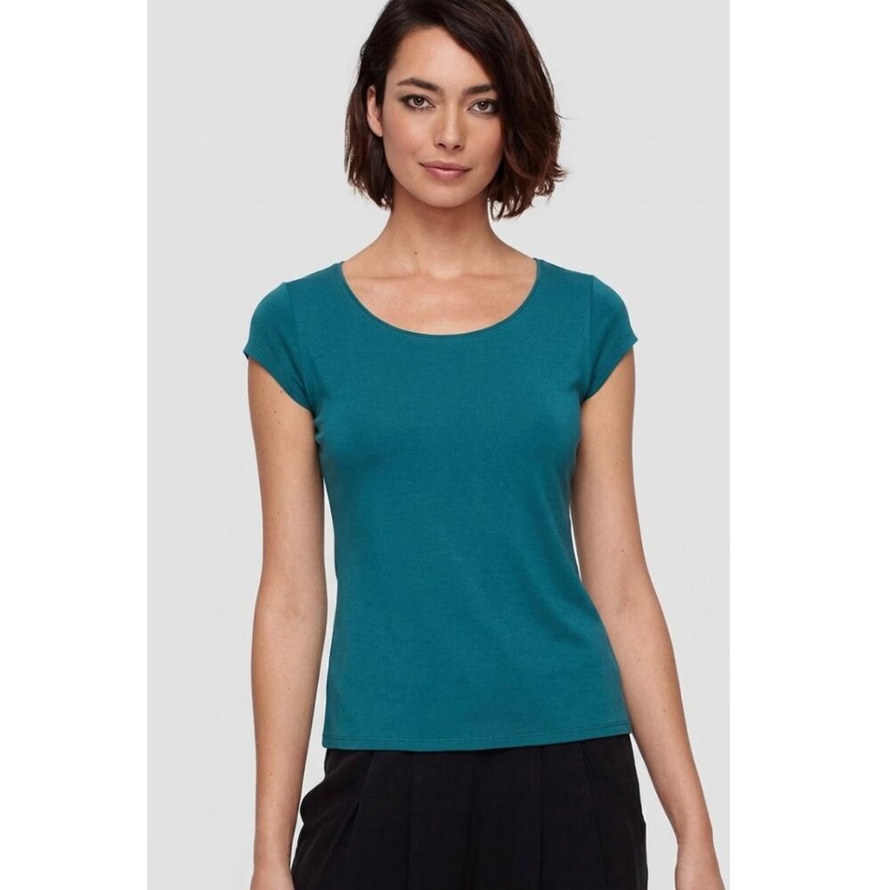 Eileen Fisher | 100% Silk Short Sleeve Blouse Minimalist Teal Tee | Petite Small